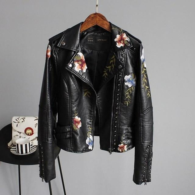 Idaira® - Chaqueta de cuero con bordado floral