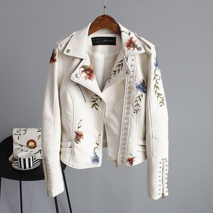 Idaira® - Chaqueta de cuero con bordado floral