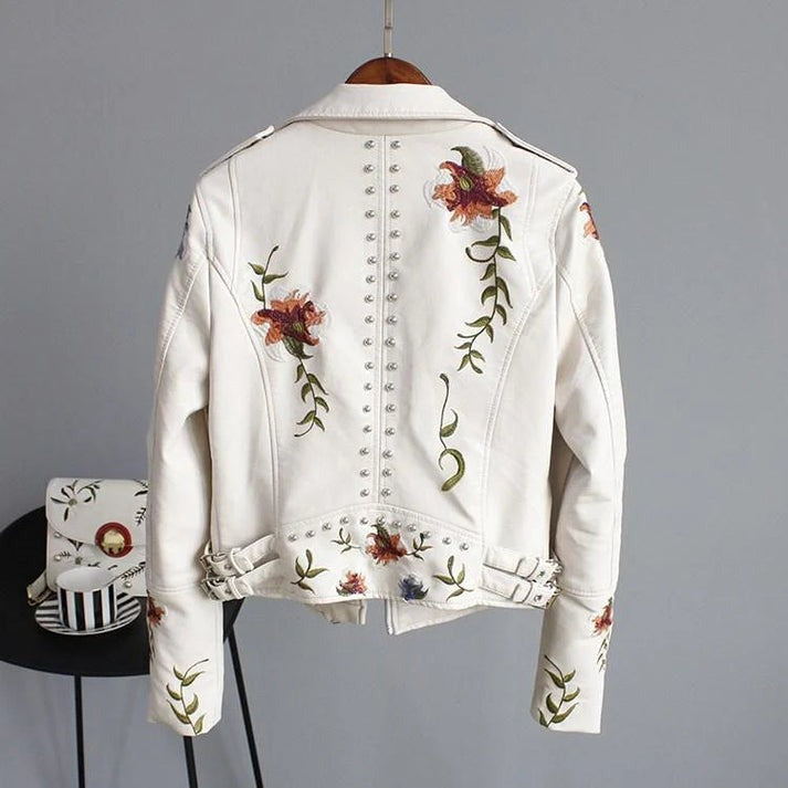 Idaira® - Chaqueta de cuero con bordado floral