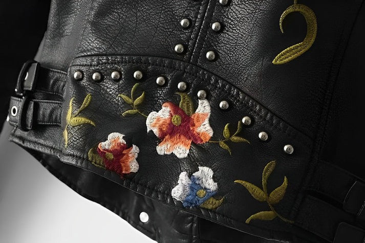 Idaira® - Chaqueta de cuero con bordado floral